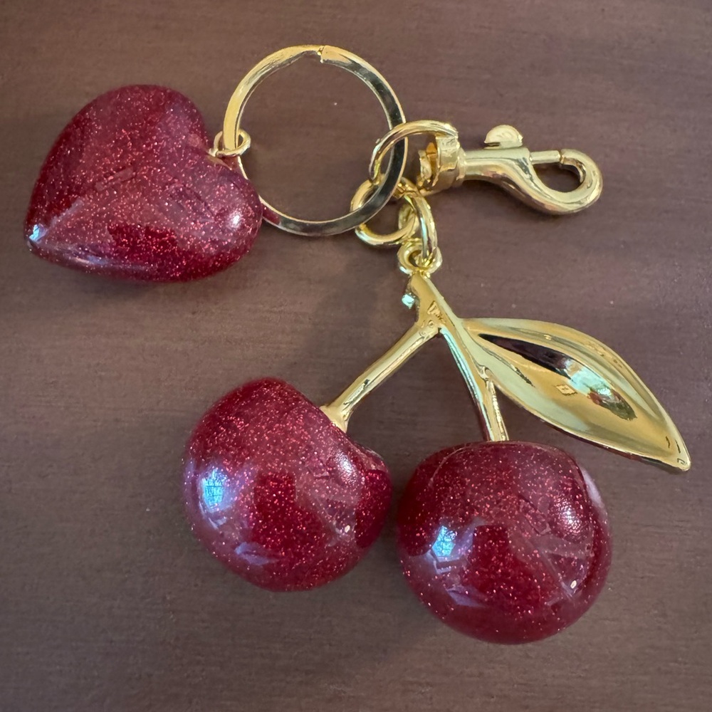 Red Cherry Keychain with Heart Charm